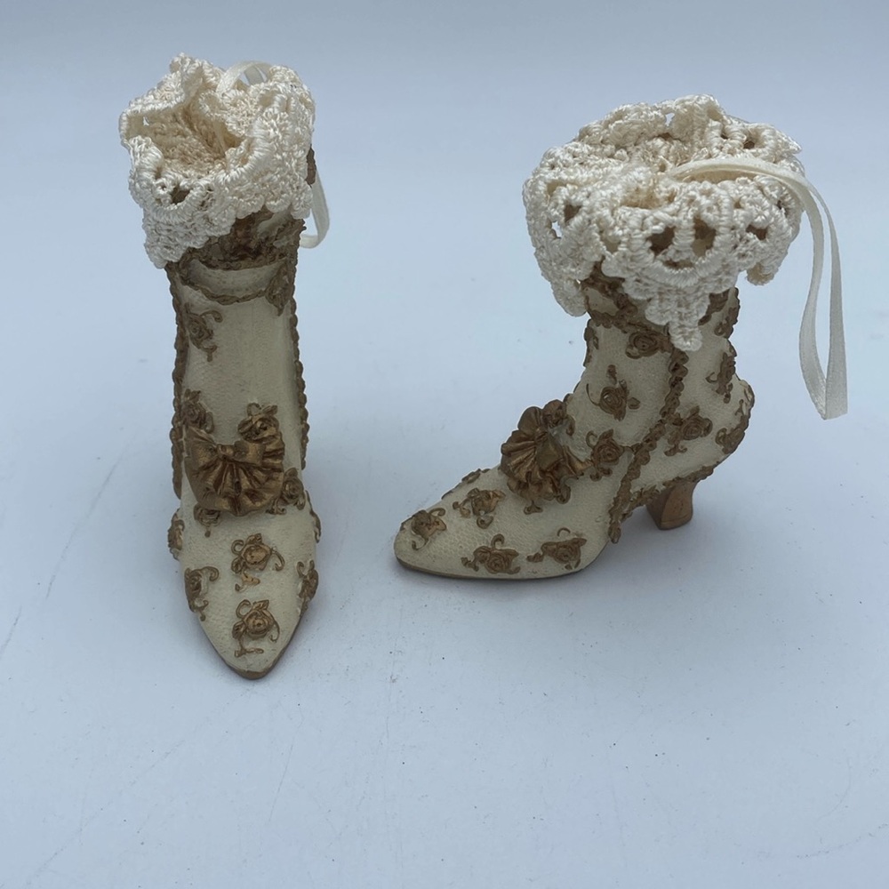 2 miniature Victorian boots w/ lace trim ornaments resin 3” miniature shoes